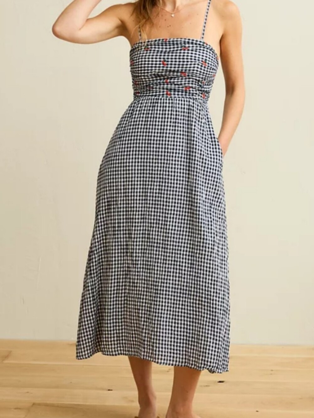 AE Strapless 100% Cotton Smocked Gingham Embroidered Midi Pocketed Summer Dress